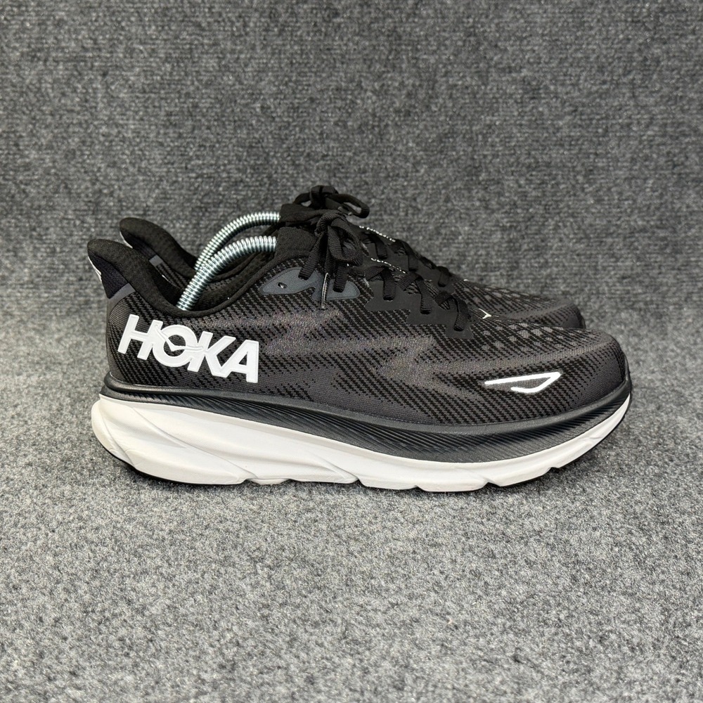 Hoka Clifton 9 Running Shoe Men 9.5EE Black White Athletic Run Training Sneakers